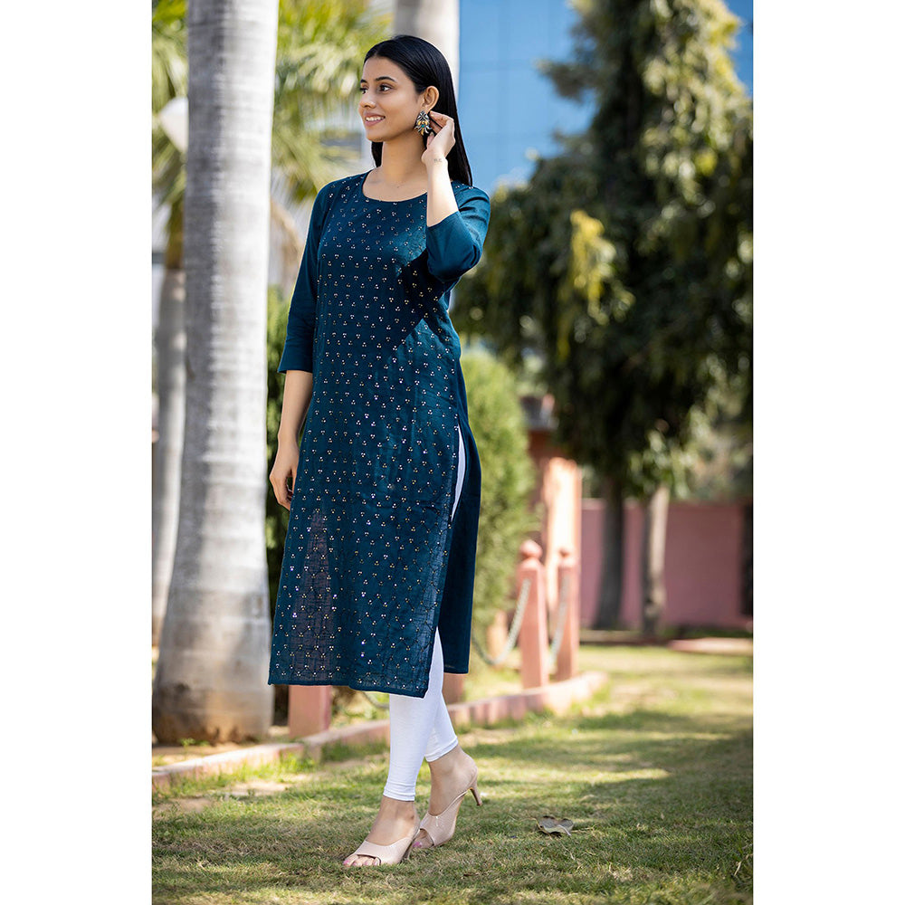 KAAJH Navy Blue Sequin Embroidered Cotton Kurta