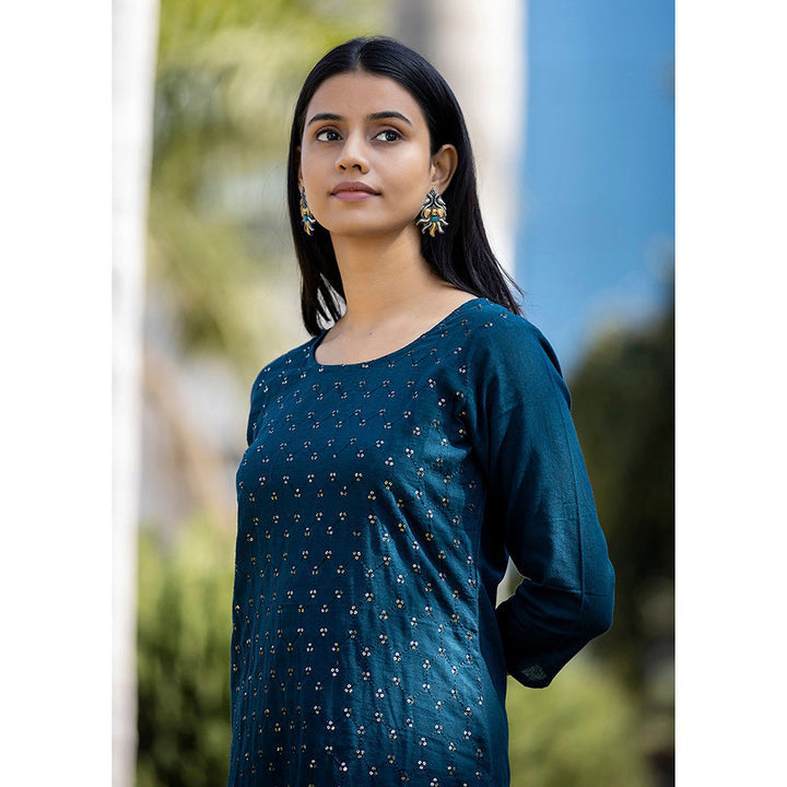 KAAJH Navy Blue Sequin Embroidered Cotton Kurta