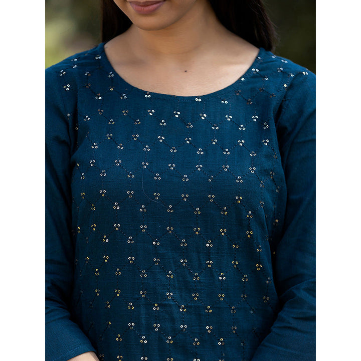 KAAJH Navy Blue Sequin Embroidered Cotton Kurta