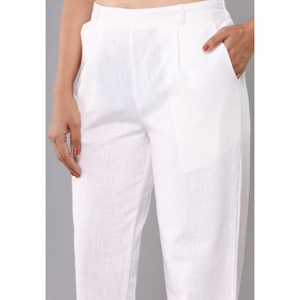 KAAJH Womens White Cotton Denim Slub Straight Trouser Pant