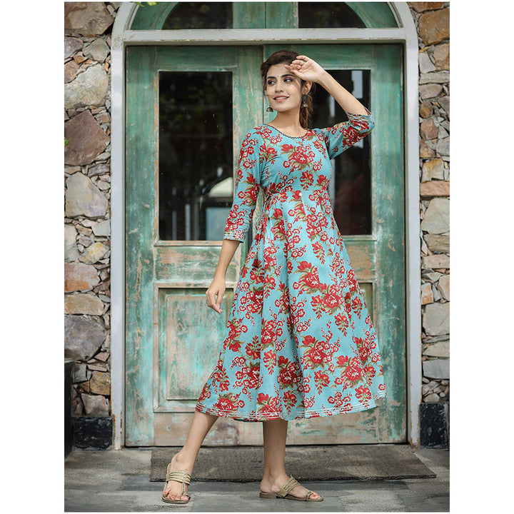 KAAJH Turquoise Floral Printed Cotton Ethnic Dress