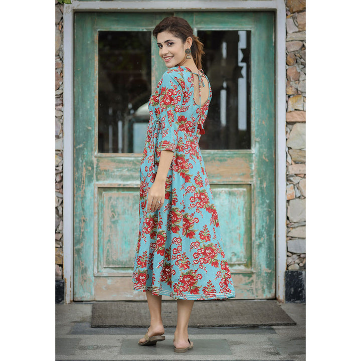 KAAJH Turquoise Floral Printed Cotton Ethnic Dress