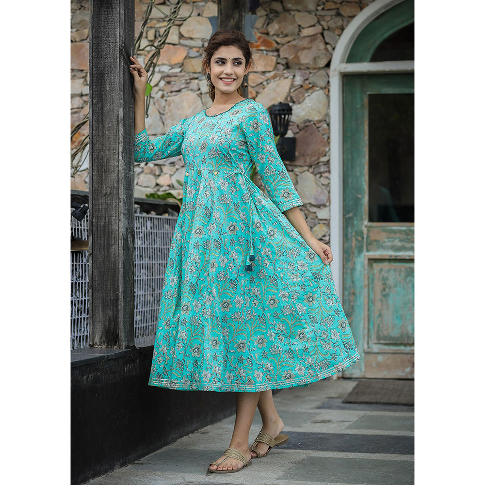 KAAJH Sea Green Floral Printed Cotton Ethnic Dress