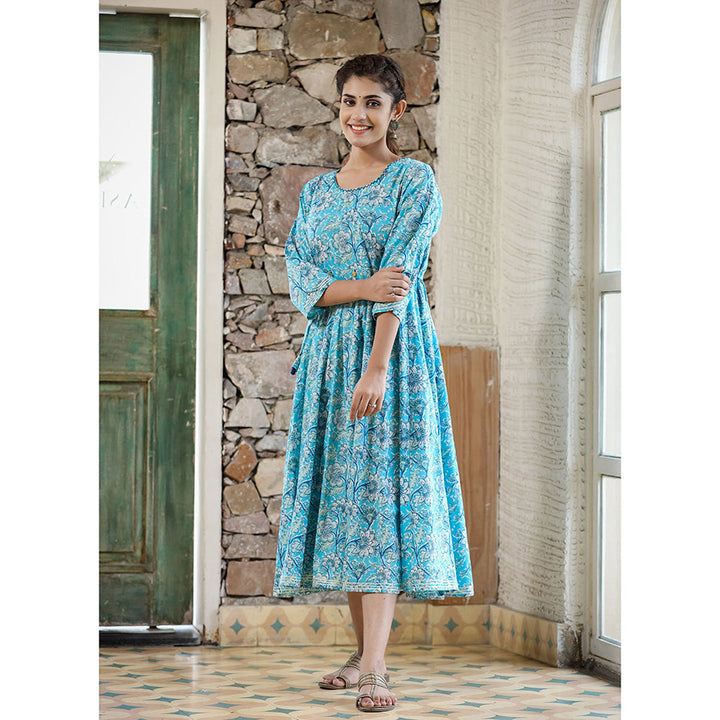 KAAJH Sky Blue Floral Printed Cotton Ethnic Dress