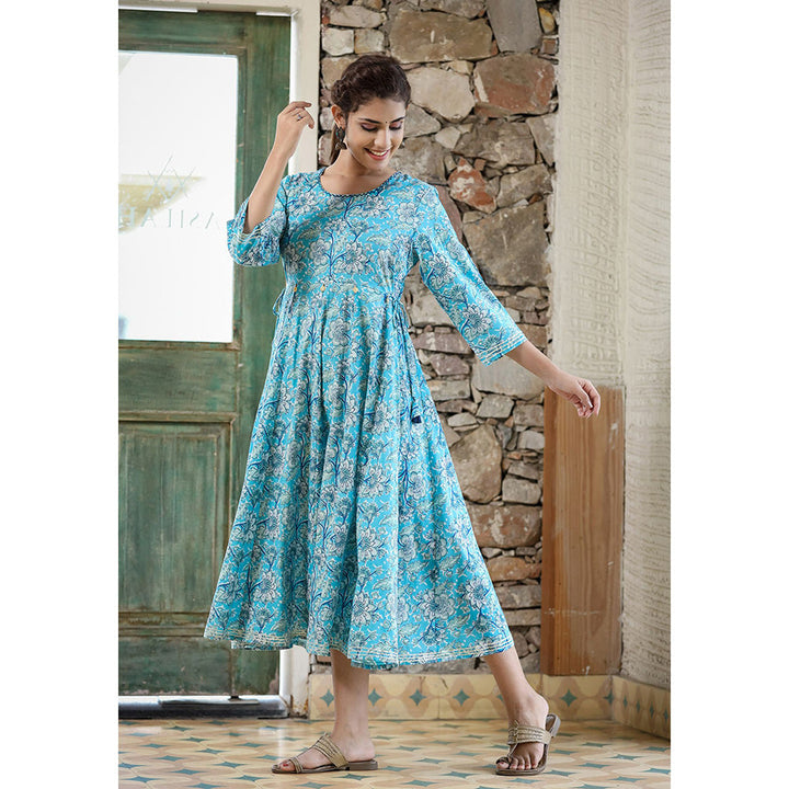 KAAJH Sky Blue Floral Printed Cotton Ethnic Dress