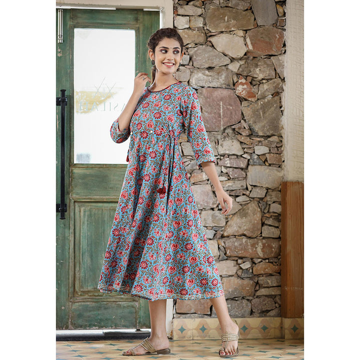 KAAJH Blue Red Floral Printed Cotton Ethnic Dress