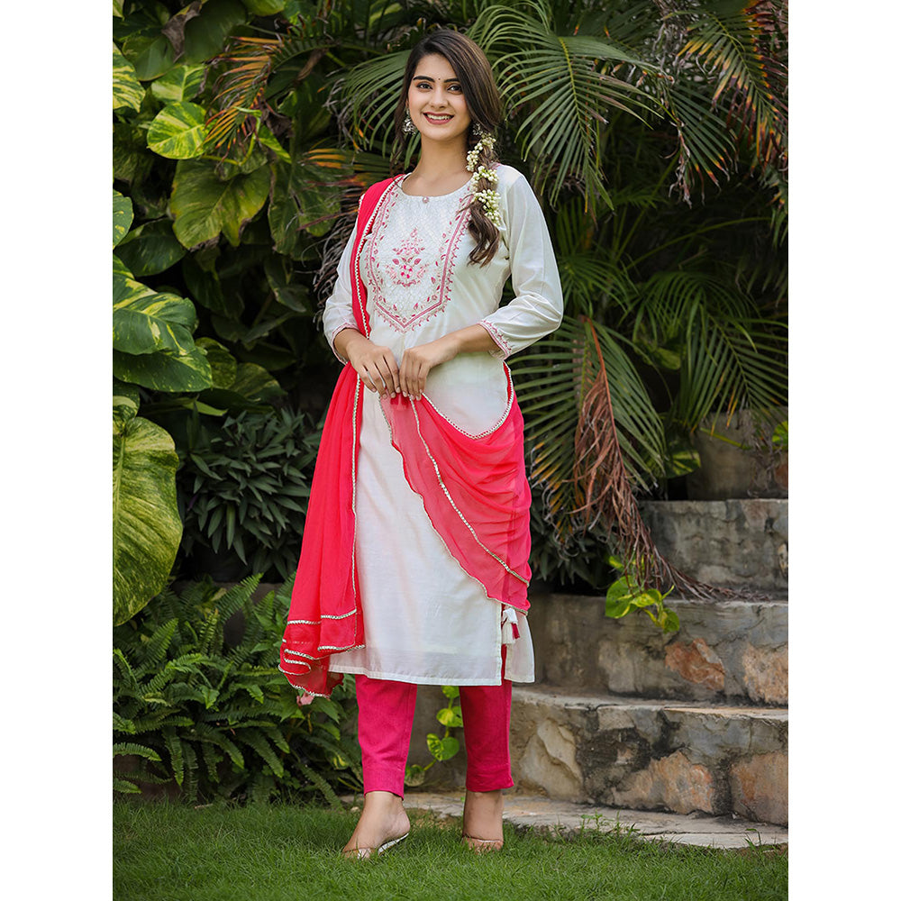 KAAJH White-Pink Modal Silk Kurta Pant with Dupatta (Set of 3)