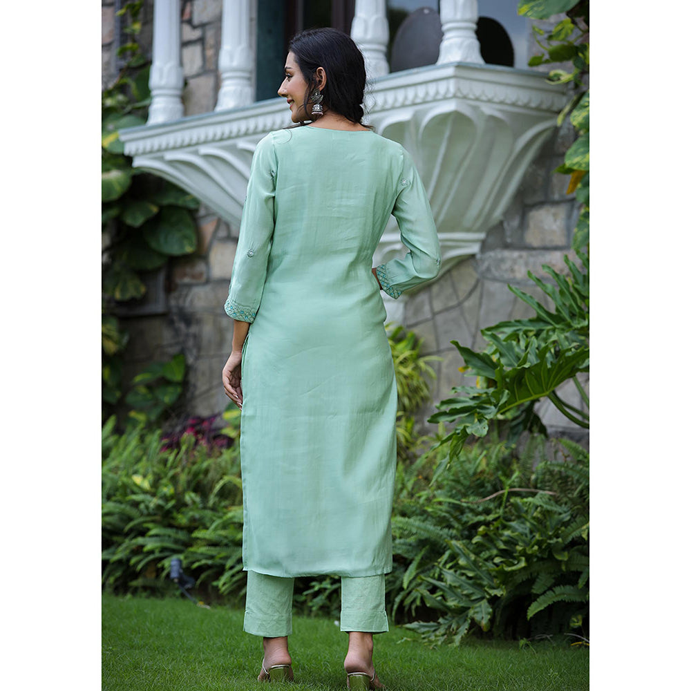 KAAJH Green Embroidered Silk Kurta Pant with Dupatta (Set of 3)
