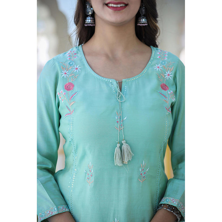 KAAJH Green Embroidered Silk Kurta Pant with Dupatta (Set of 3)