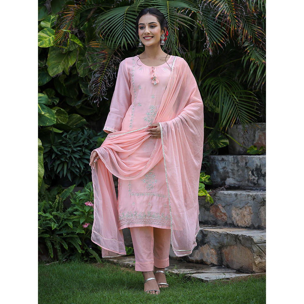 KAAJH Pink All Over Embroidered Muslin Silk Suit (Set of 3)