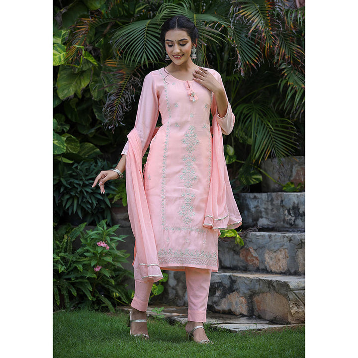 KAAJH Pink All Over Embroidered Muslin Silk Suit (Set of 3)