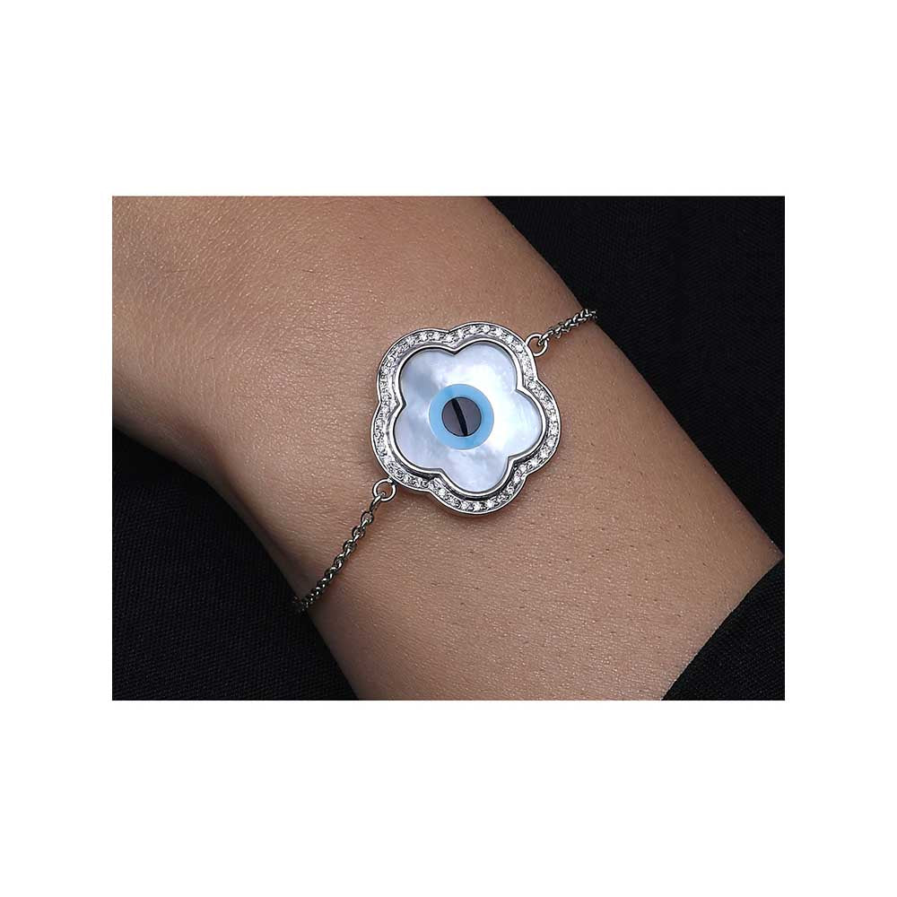 Kaj Fine Jewellery Small Flower Evil Eye Chain Diamond Bracelet in 14KT White Gold