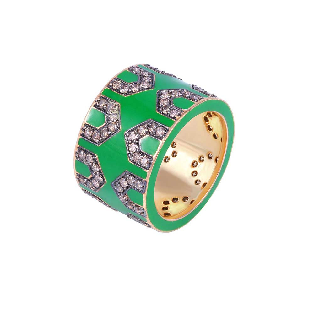 Kaj Fine Jewellery Green Enamel and Coffee Diamond Ring in 18KT Yellow Gold