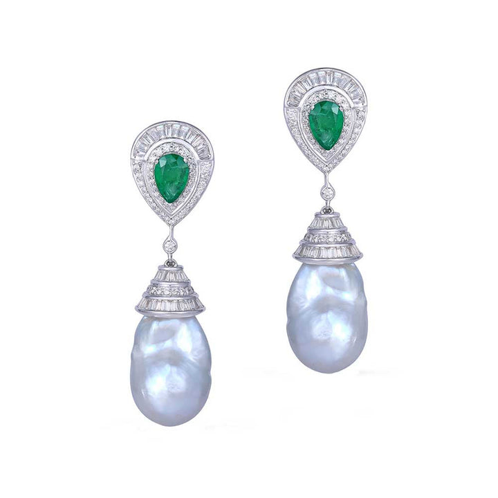 Kaj Fine Jewellery Emerald and Pearl drop Earrings in 18KT White Gold