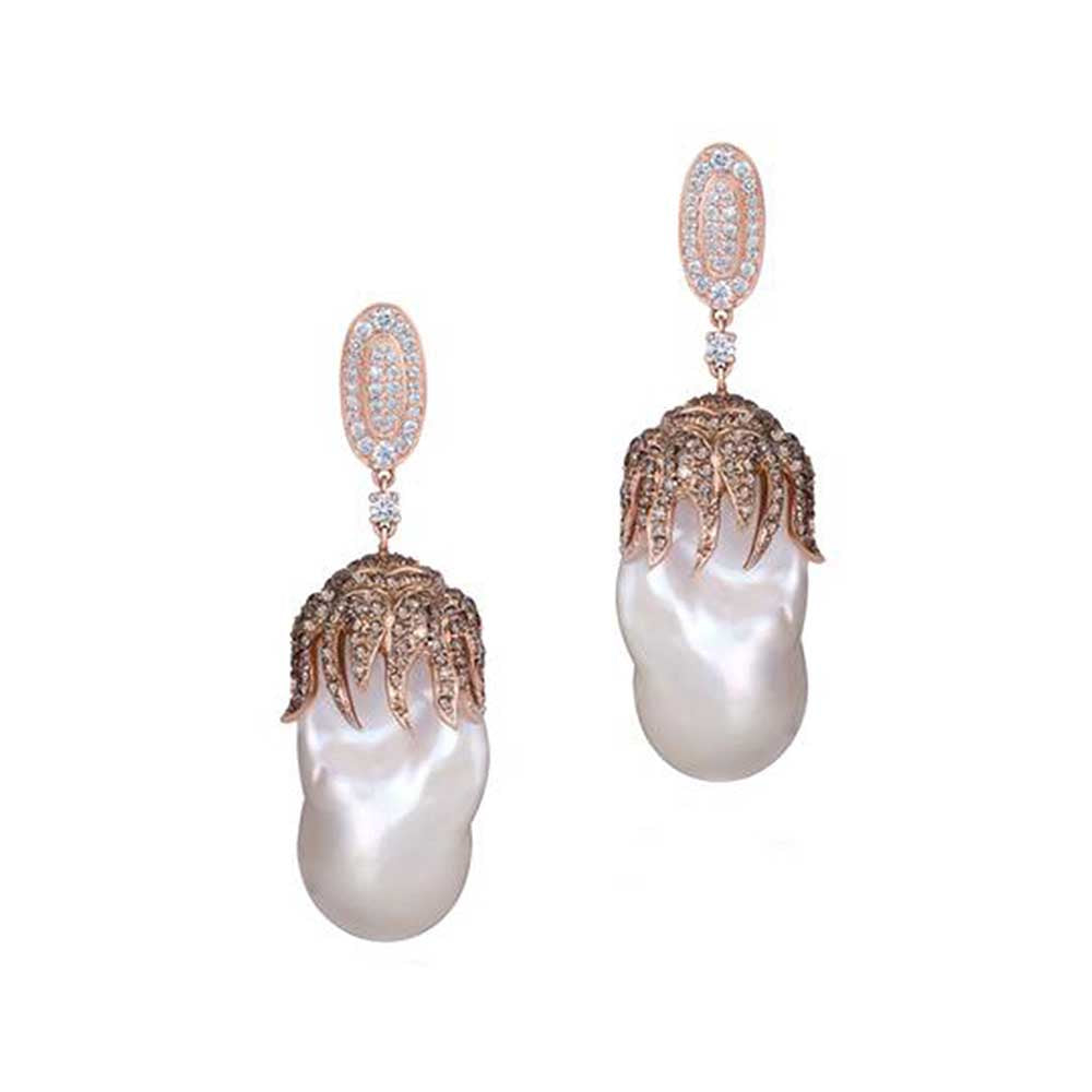 Kaj Fine Jewellery Coffee Diamond and Pearl Earrings in 18KT Rose Gold