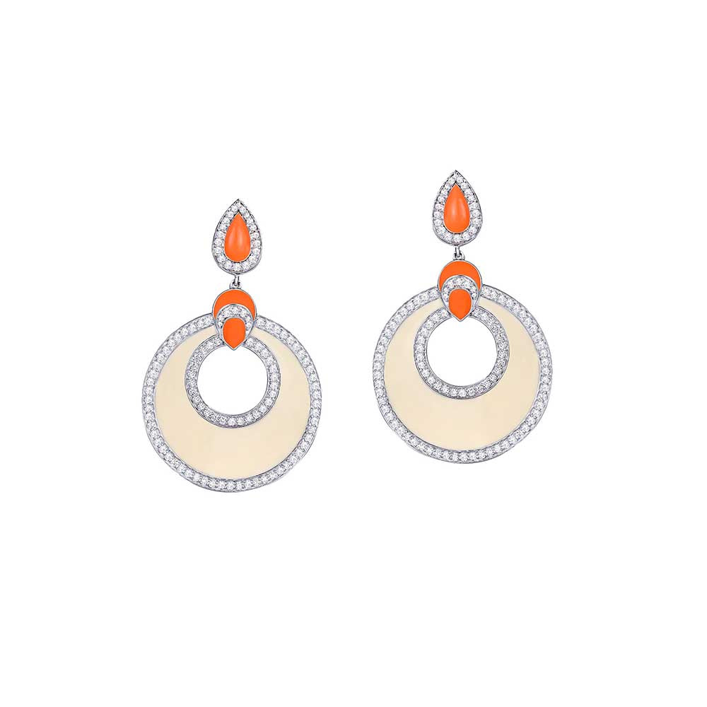 Kaj Fine Jewellery Off White, Orange Enamel and Diamond Earrings in 18KT White Gold