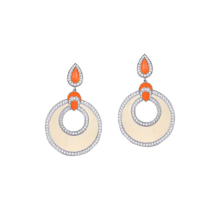 Kaj Fine Jewellery Off White, Orange Enamel and Diamond Earrings in 18KT White Gold