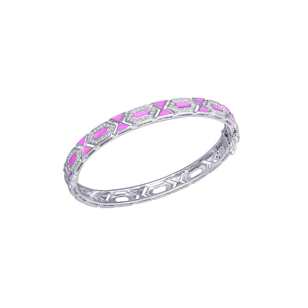 Kaj Fine Jewellery Oval Pink Enamel and Diamond Bangle in 18KT White Gold
