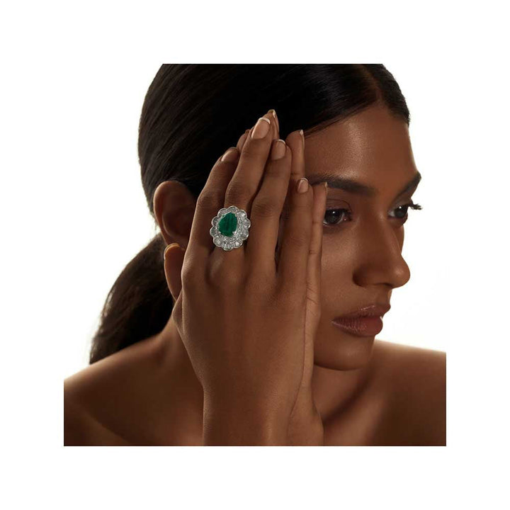 Kaj Fine Jewellery Classic Emerald and Diamond Cocktail Ring in 18KT White Gold