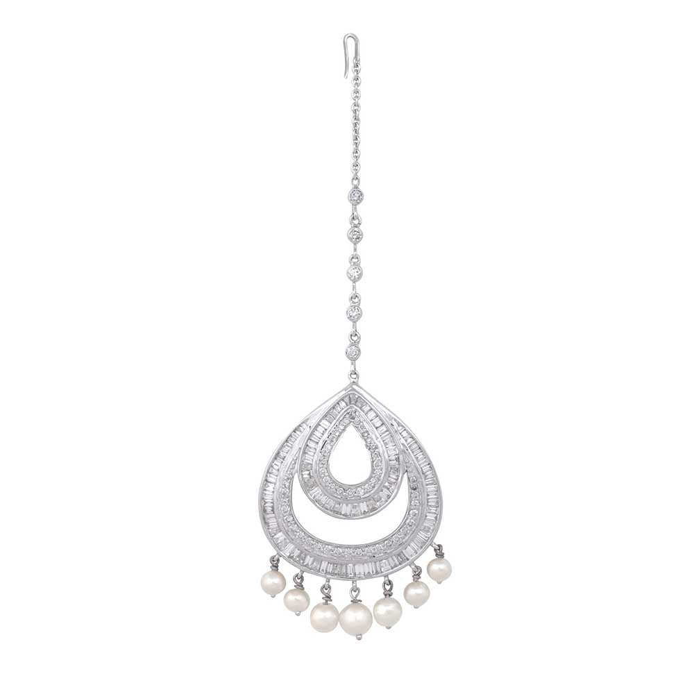 Kaj Fine Jewellery Diamond and Pearl Droplets Maangtikka in 18KT White Gold