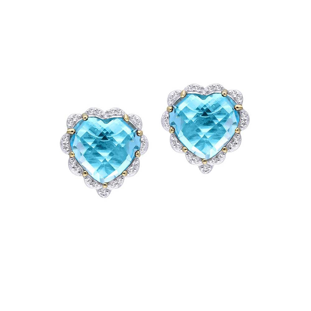 Kaj Fine Jewellery Blue Topaz and Diamond Heart Studs in 14Kt Yellow Gold