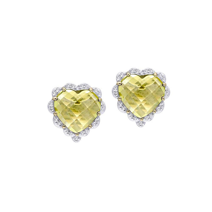 Kaj Fine Jewellery Lemon Quartz and Diamond Heart Studs in 14Kt Yellow Gold