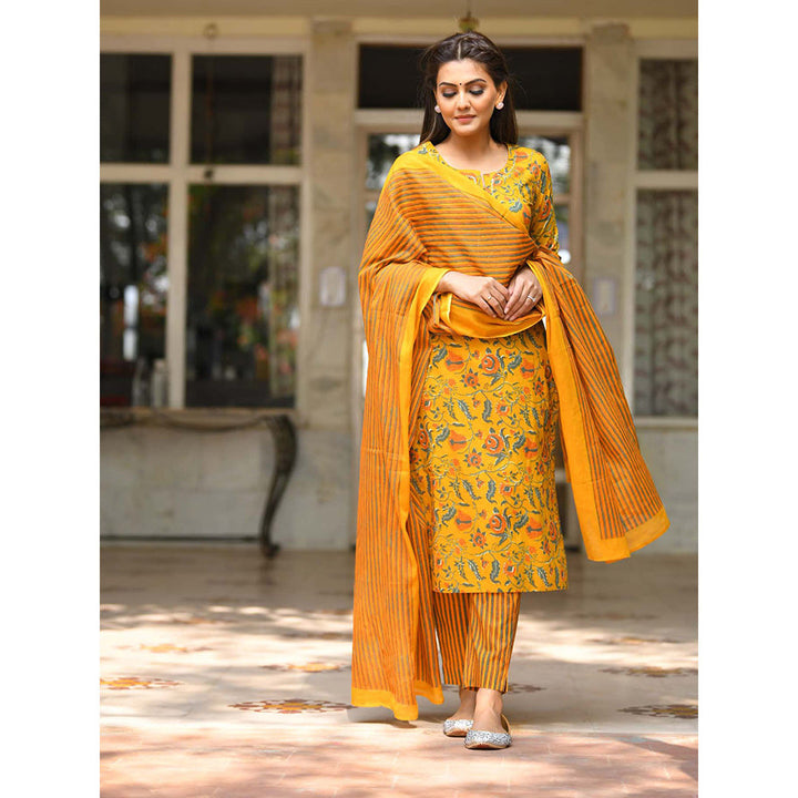 KAAJH Yellow Floral Printed Suit (Set of 3)