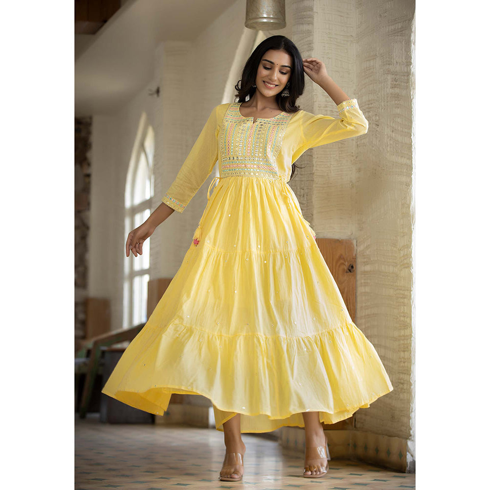 KAAJH Yellow Mirror Embroidered Long Flared Gown