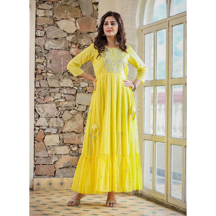KAAJH Yellow Mirror Embellished Long Gown