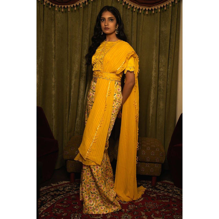Kalakaari By Sagarika Yellow Embroidered Flaired Pant (Set Of 3)