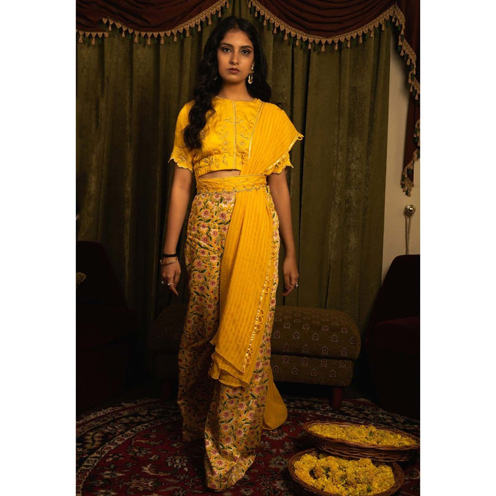 Kalakaari By Sagarika Yellow Embroidered Flaired Pant (Set Of 3)
