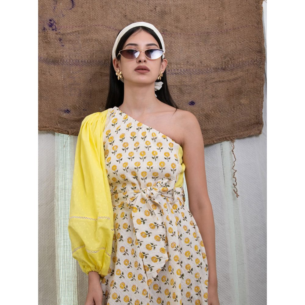 Kalakaari By Sagarika Handblock Print Yellow One Shoulder Dress