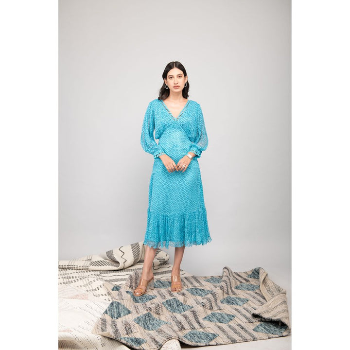 Kalakaari By Sagarika Turquoise Printed Chiffon Vanilla Midi Dress