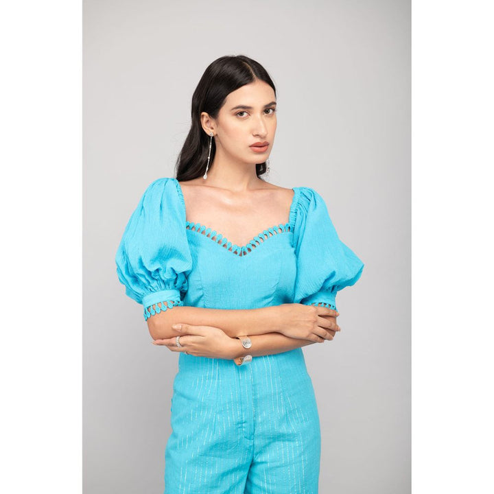 Kalakaari By Sagarika Turquoise Half Sleeves Top & Cotton Pants Detailed With Lace (Set of 2)