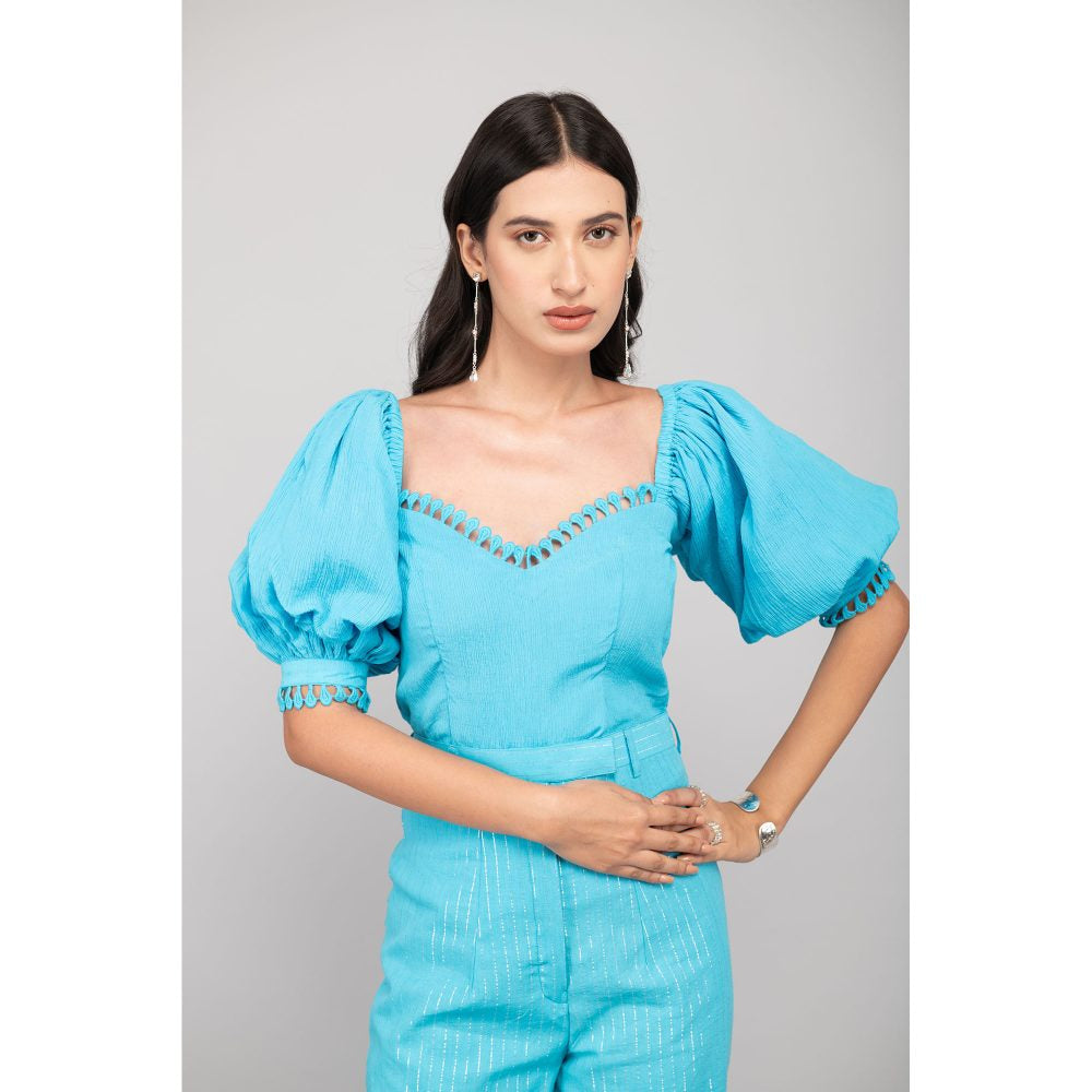 Kalakaari By Sagarika Turquoise Half Sleeves Top & Cotton Pants Detailed With Lace (Set of 2)