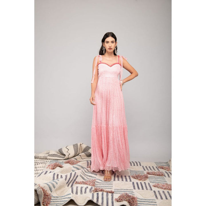 Kalakaari By Sagarika Baby Pink Printed Tiered Maxi Adorned With Lace Maxi Dress