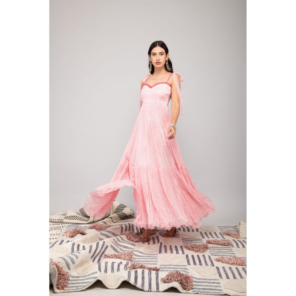 Kalakaari By Sagarika Baby Pink Printed Tiered Maxi Adorned With Lace Maxi Dress