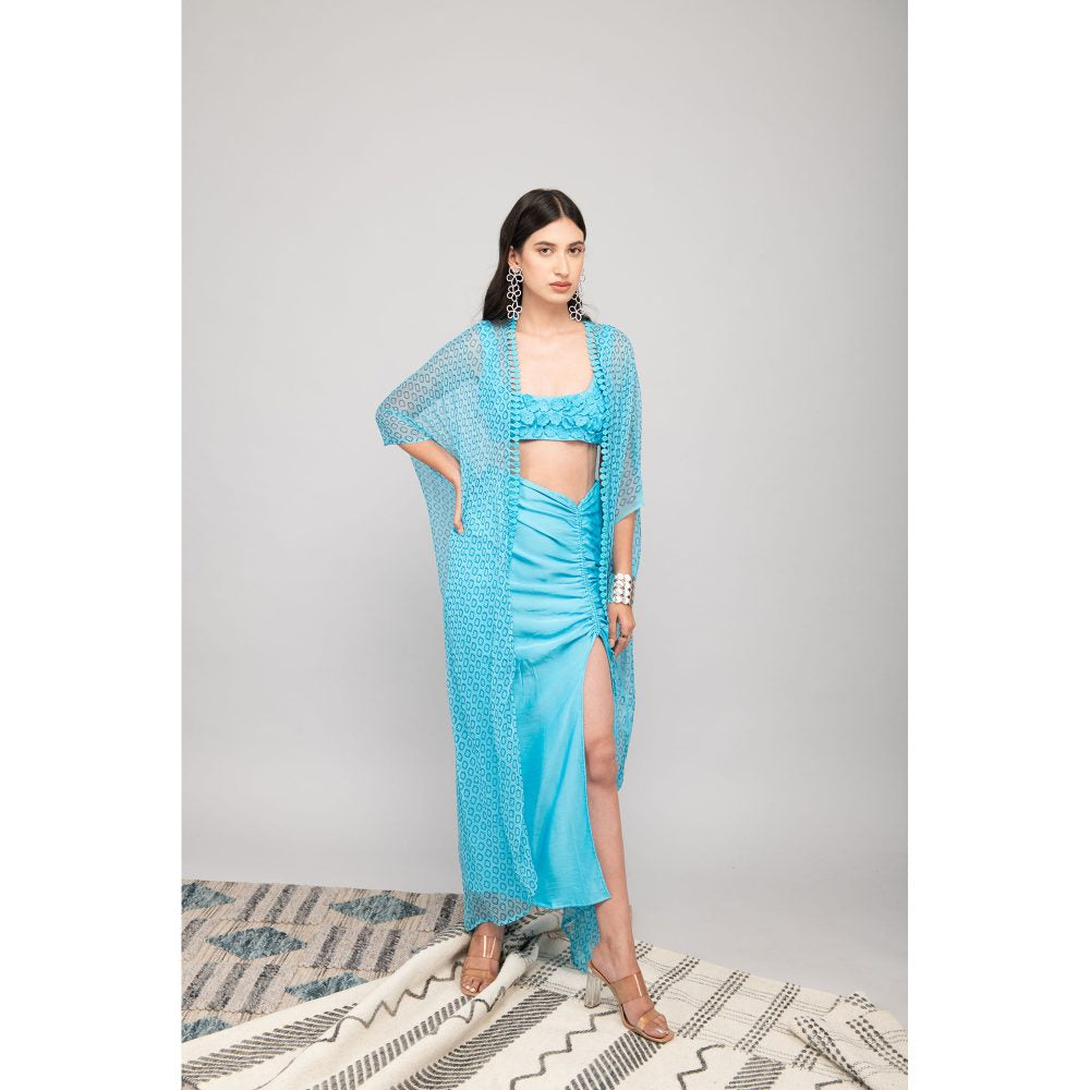 Kalakaari By Sagarika Turquoise Hand Embroidered Crop Top with Skirt & Shrug (Set of 3)