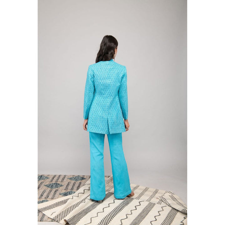 Kalakaari By Sagarika Suzanne Turquoise Printed Crop Top with Pants & Jacket (Set of 3)