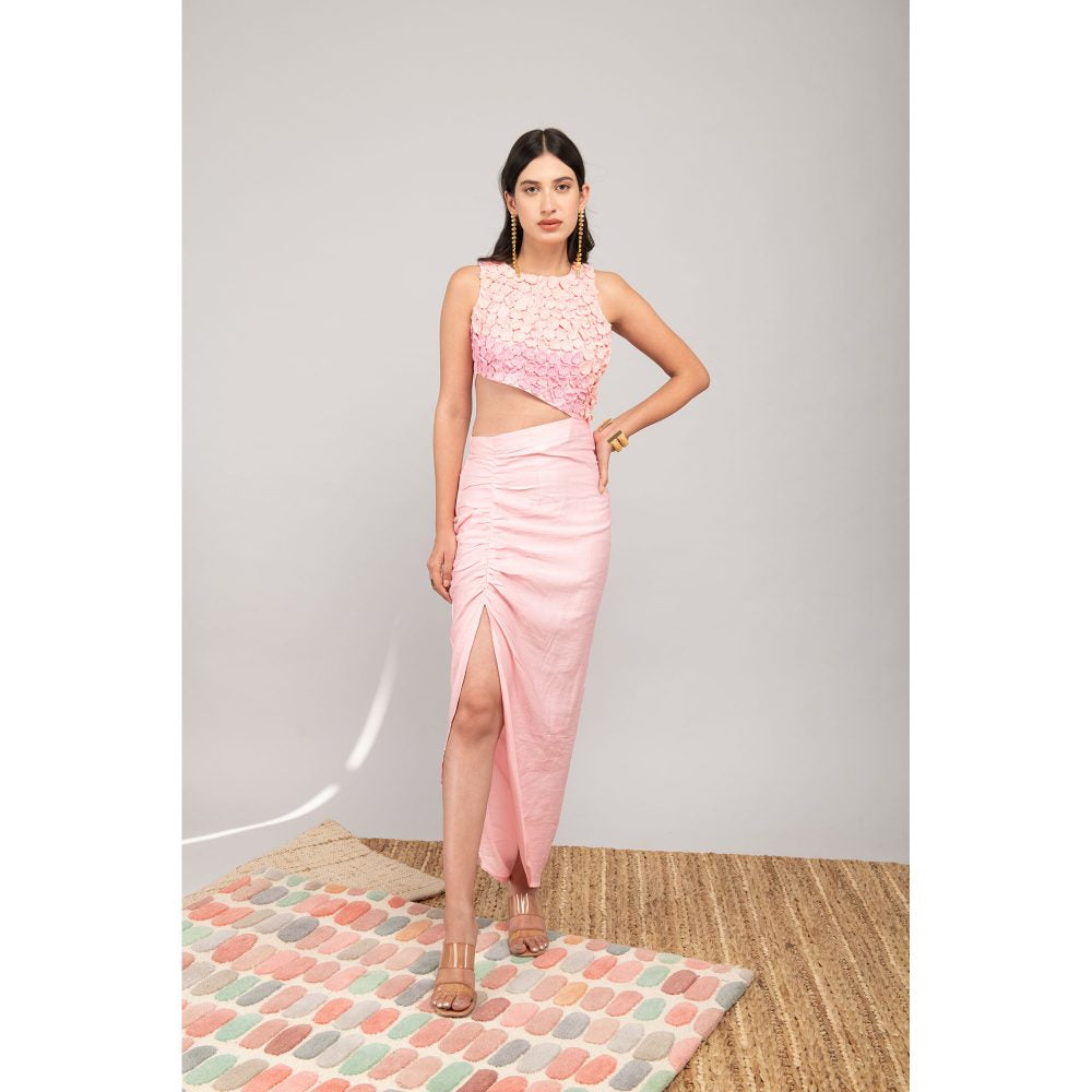 Kalakaari By Sagarika Baby Pink Hand Embroidered Torso Cut Slit Midi Dress