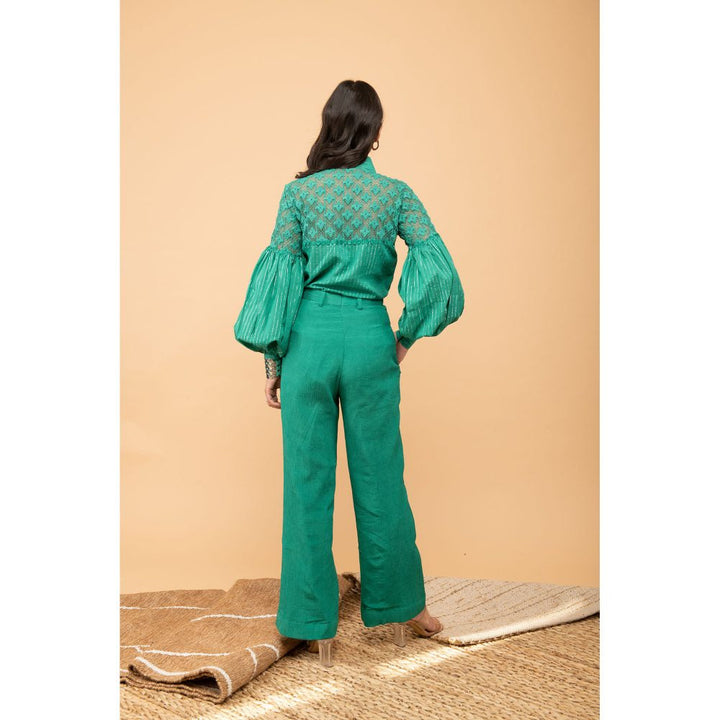 Kalakaari By Sagarika Bottle Green Lurex Lace Shirt with Crepe Pants & Lace Details (Set of 2)