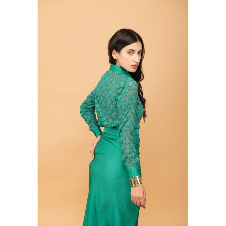 Kalakaari By Sagarika Bottle Green Crochet Aurora Shirt Paired with Draped Skirt (Set of 2)