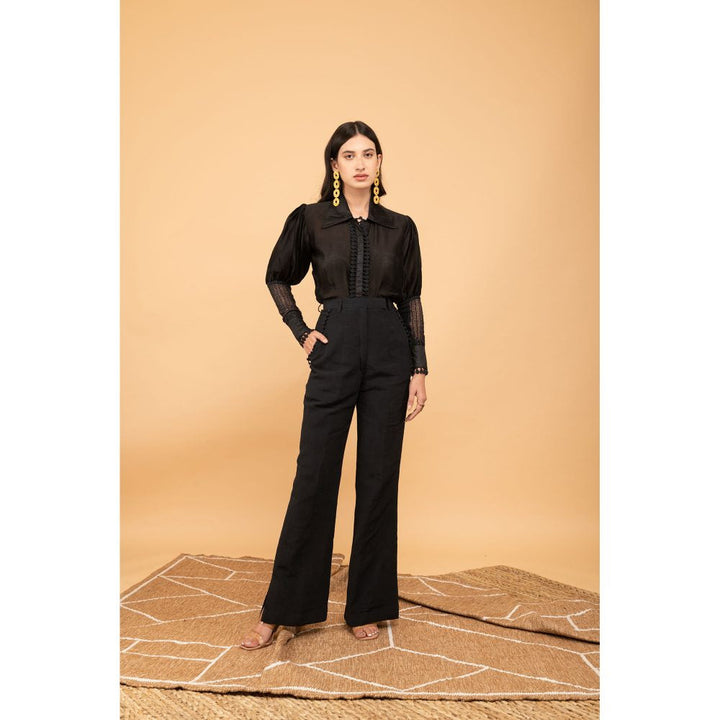Kalakaari By Sagarika Black Shirt with Black Crinkle Crepe Pants Detailed With Lace (Set of 2)