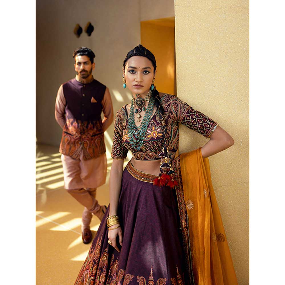 KALISTA Mehjabeen Wine Lehenga (Set of 3)