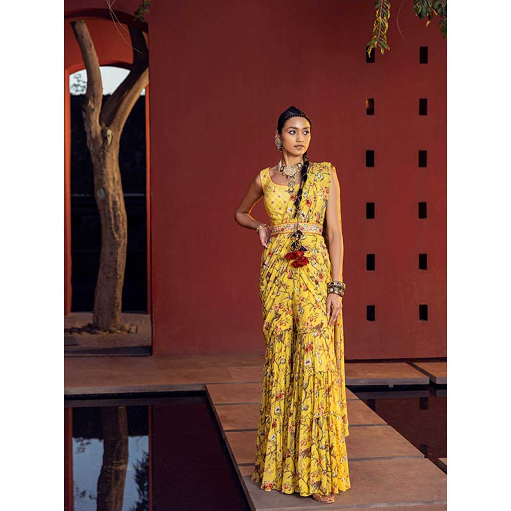 KALISTA Aksa Pre Draped Gharara Saree with Stitched Blouse