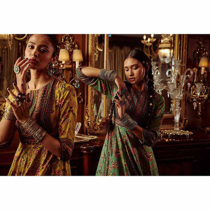 KALISTA Bageecha Yellow Peacock Anarkali Set (Set of 2)