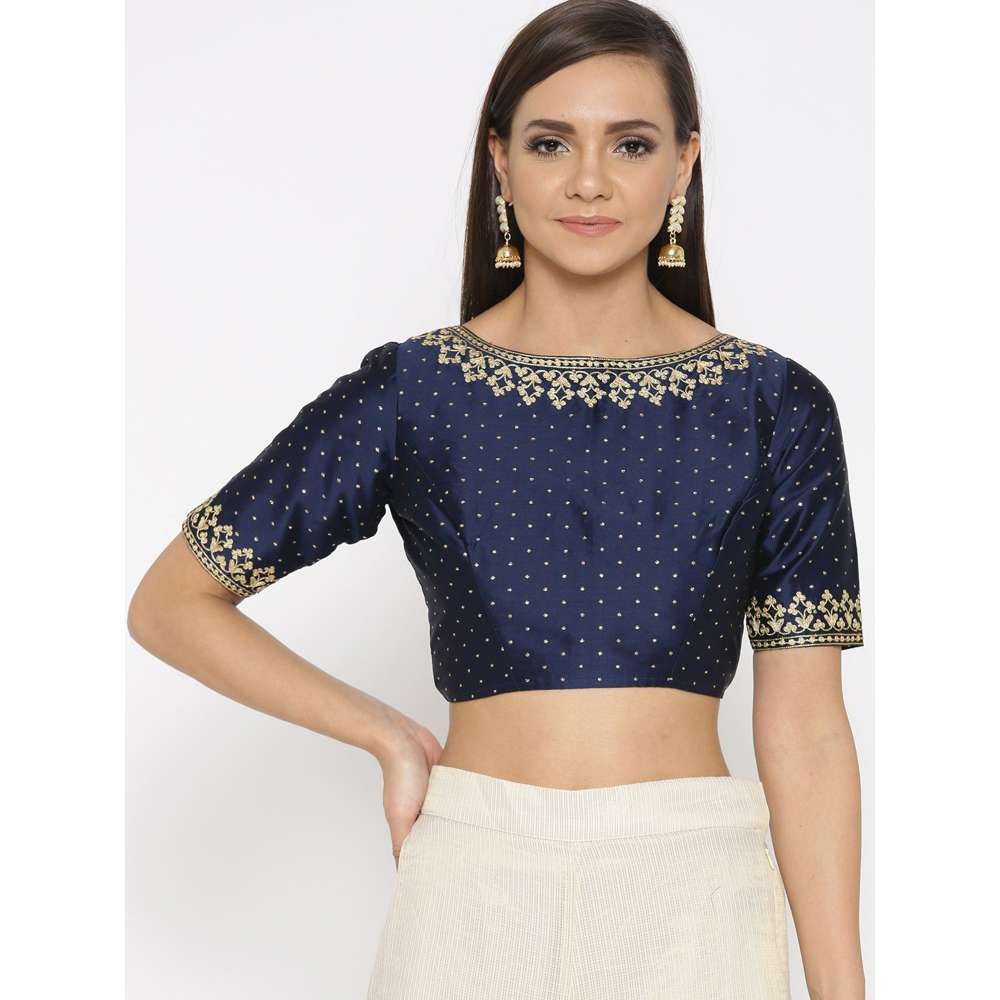 Kaanchie Nanggia Navy Blue Silk Embroidered Stitched Blouse