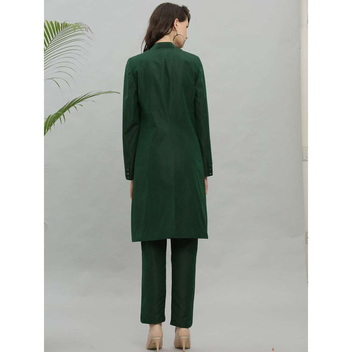 Kaanchie Nanggia Green Solid Jacket Kurta And Pant - (Set of 2)
