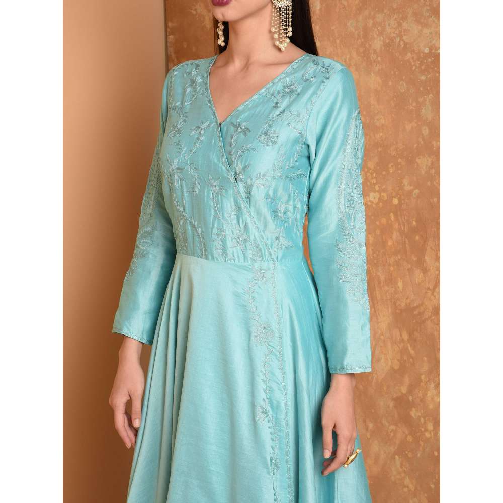 Kaanchie Nanggia Turquoise Silk Embroidered Anarkali Dress