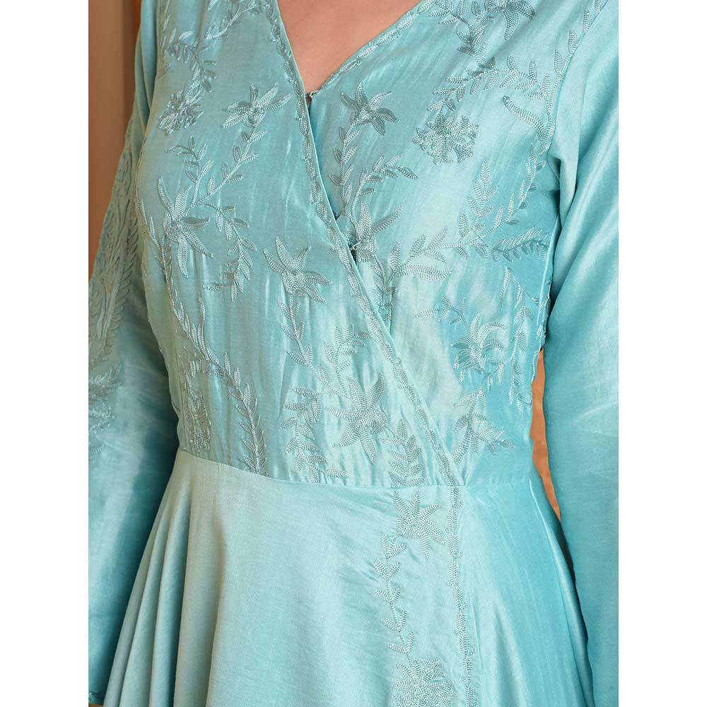Kaanchie Nanggia Turquoise Silk Embroidered Anarkali Dress